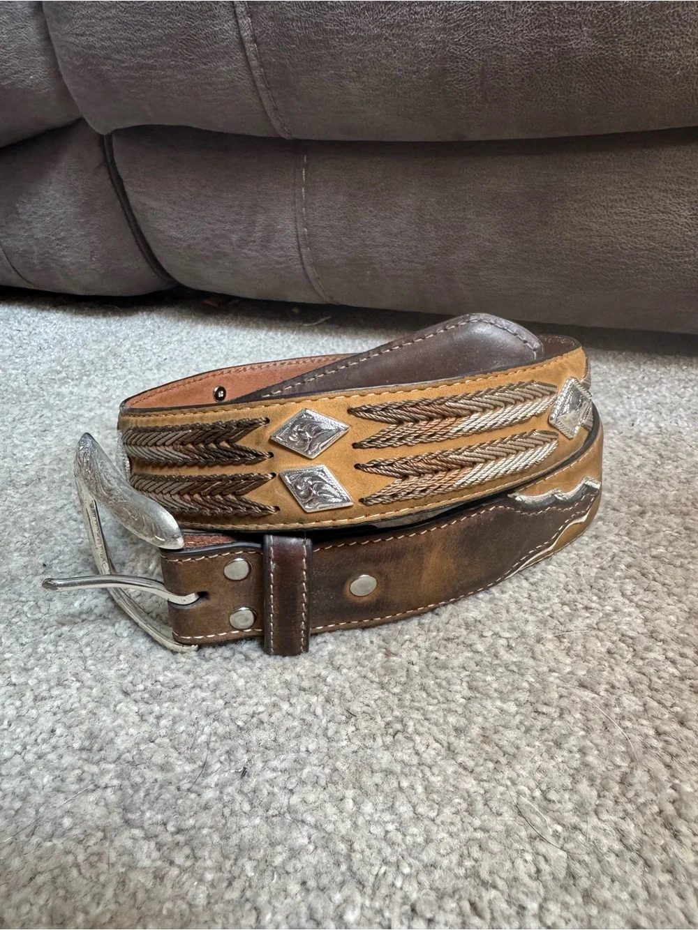 Two-Tone Brown and Tan Embossed Leather Men’s Belt with Silver Accents